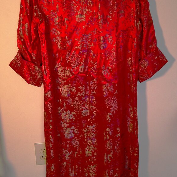PEONY Brand Red Japanese Garden Print Long Kimono Duster 40 Large Silky Dramatic - Picture 5 of 6